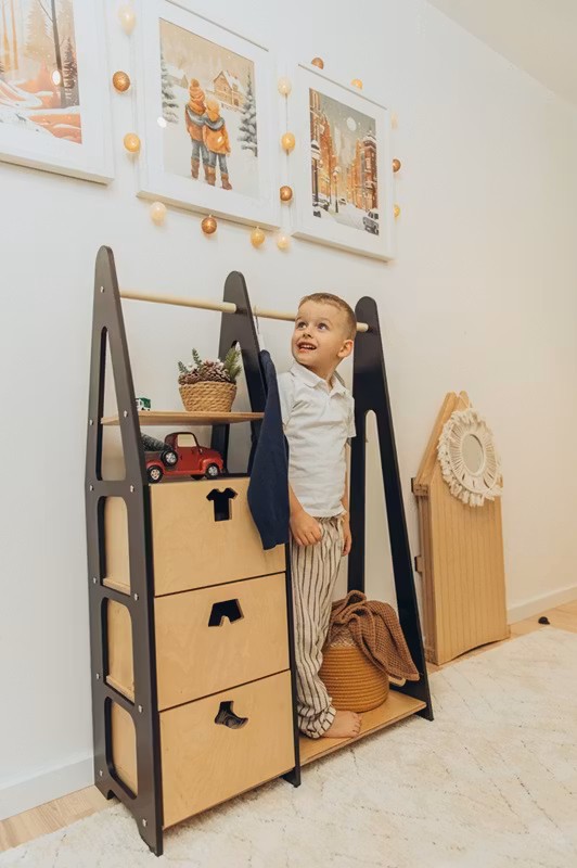 Duck Woodworks, garderobe tøjstang med kasser Clothes, sort/natur