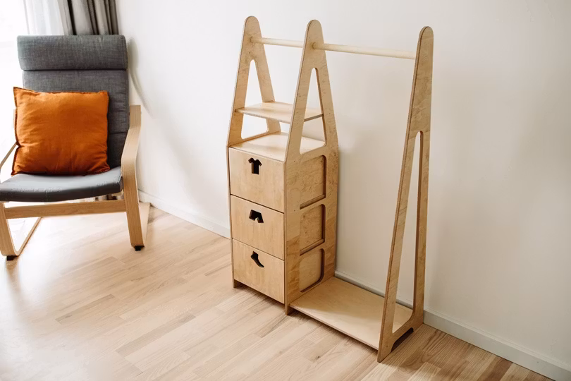 Duck Woodworks, garderobe tøjstang med kasser Clothes, natur