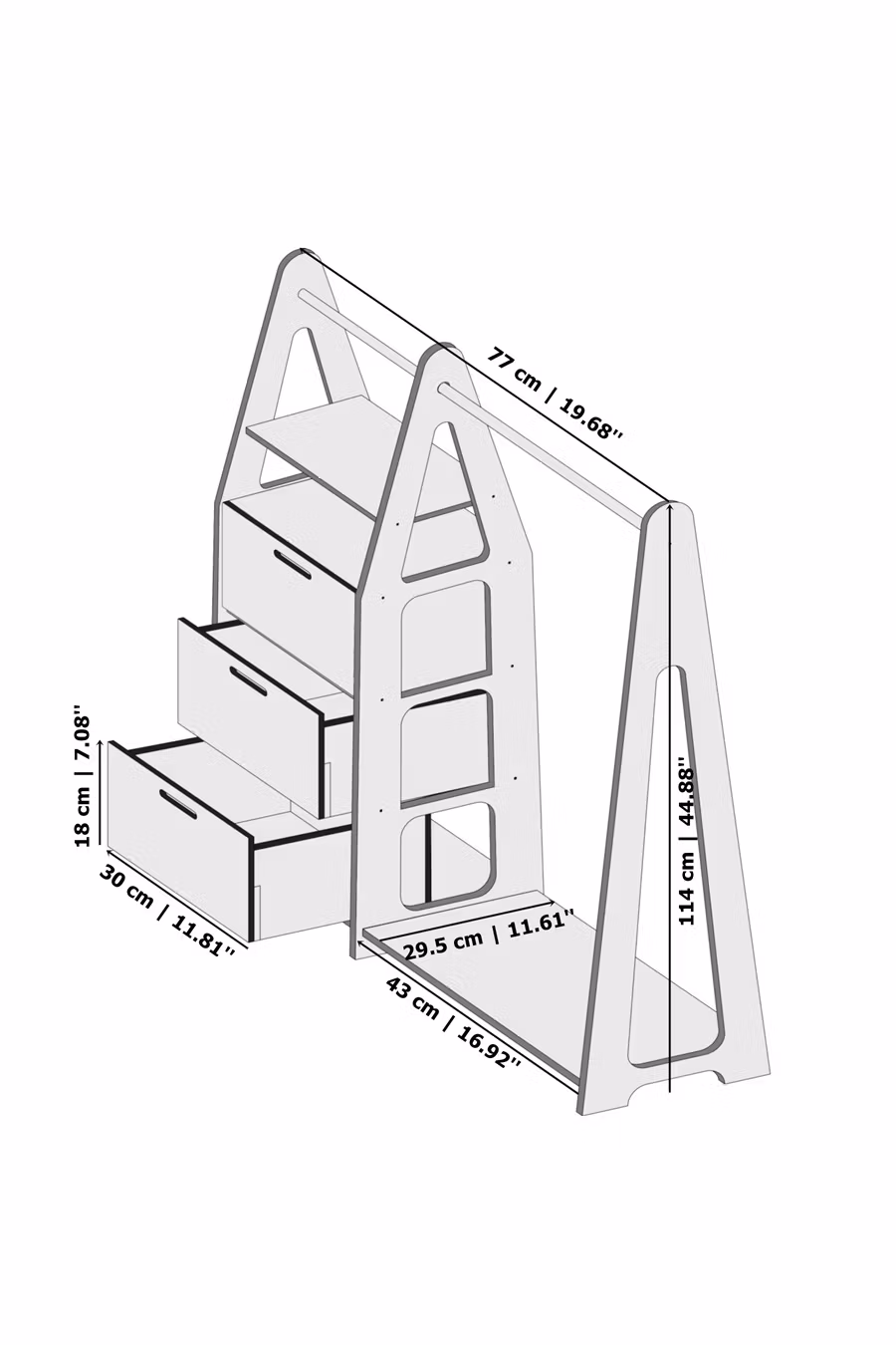 Duck Woodworks, garderobe tøjstang med kasser Clothes, natur