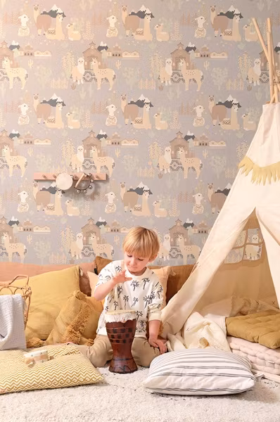 Majvillan, tapet Lama village, soft grey