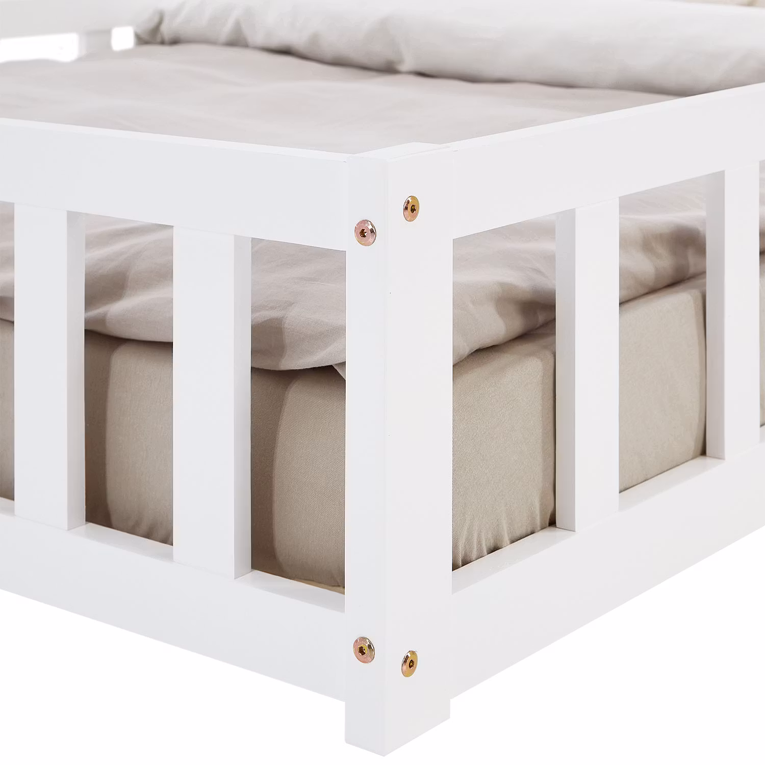 Montessori hvid børneseng med beskyttelseskant, 120x200 cm