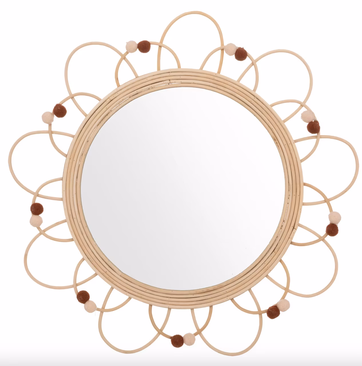 Rundt spejl af rattan til børneværelset