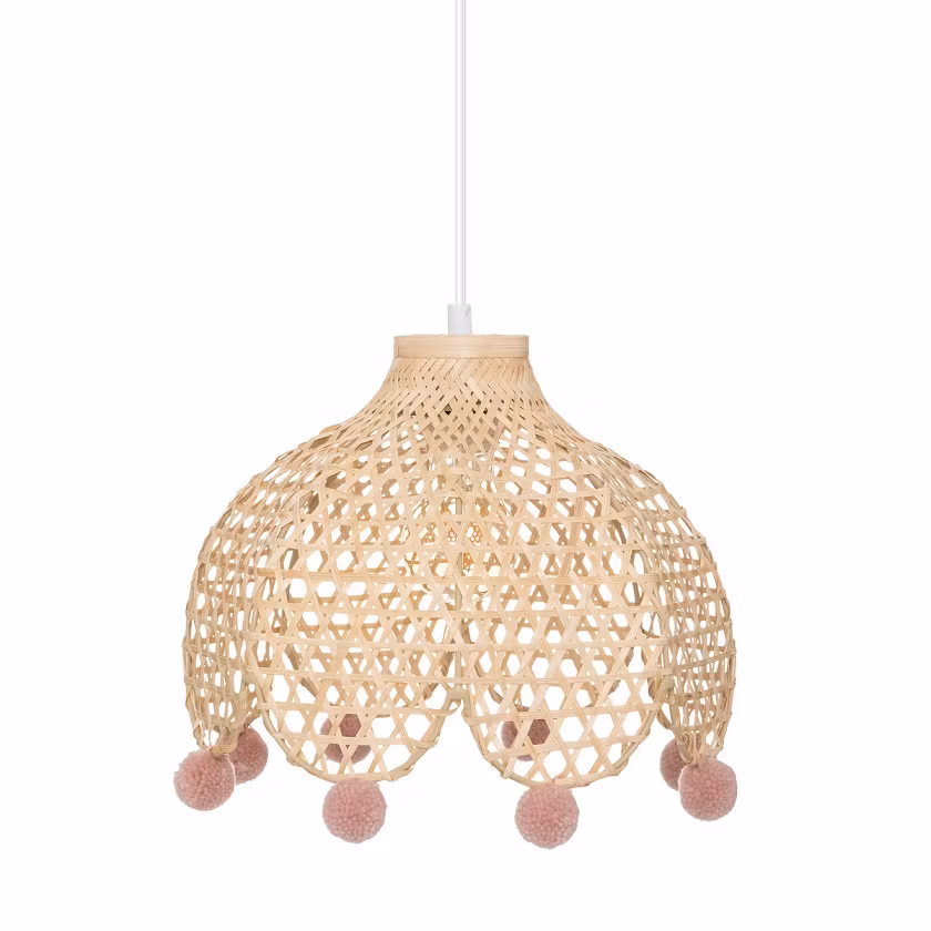 Bambus loftlampe med lyserød pompon