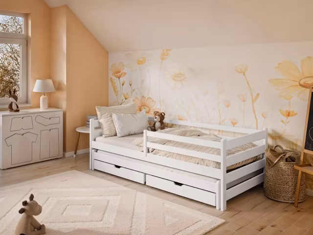 Hvid børneseng Hedda 90x200 cm med ekstra seng og opbevaringsskuffer