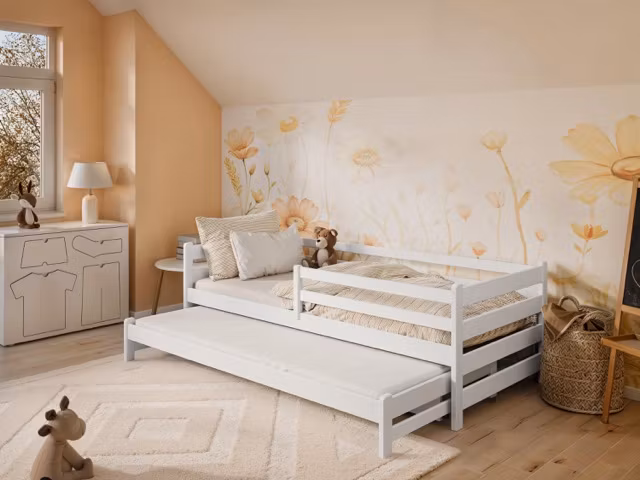 Hvid børneseng Hedda 90x200 cm med ekstra seng og opbevaringsskuffer