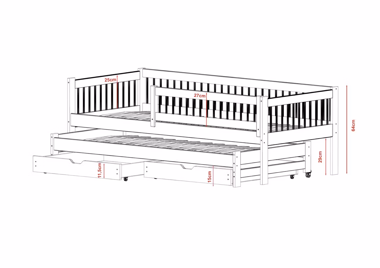 Barneseng Solvi med udtræksseng og opbevaringsskuffer