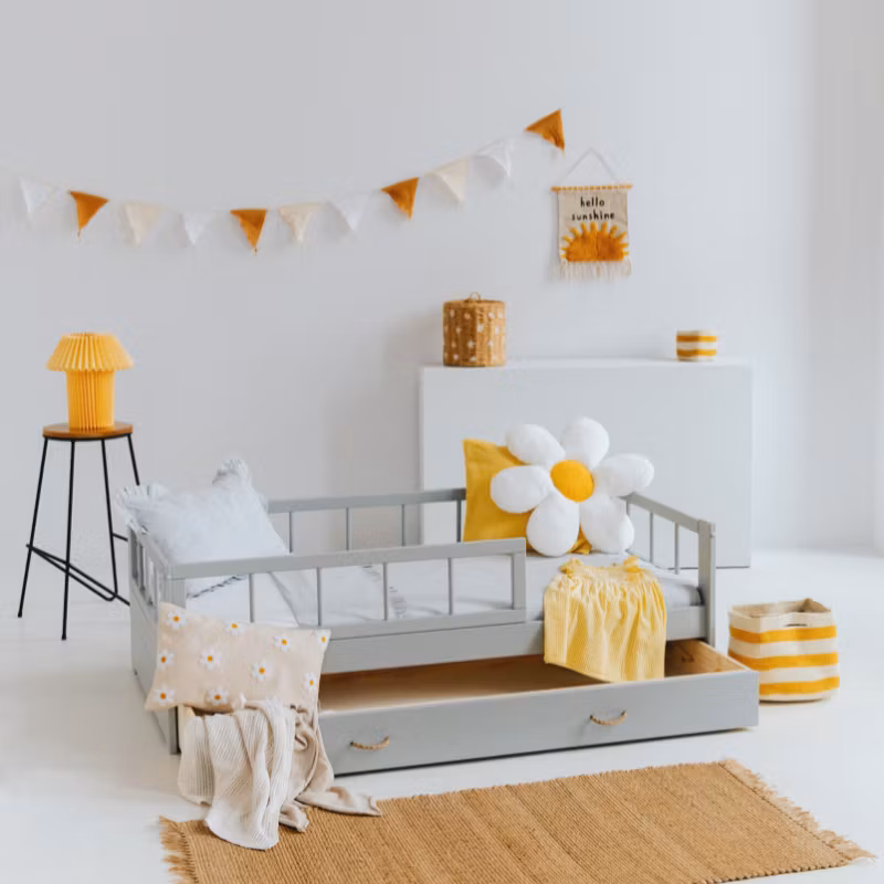 Juniorseng Minnie med opbevaring/udtræksseng, grå