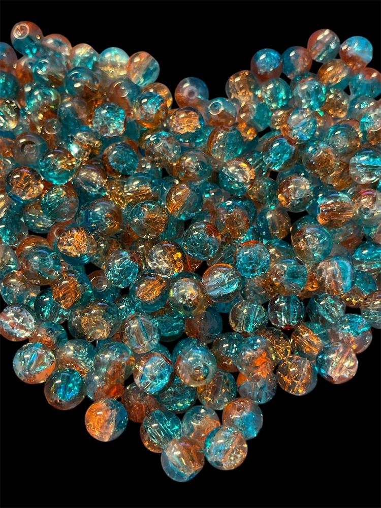 Sprucken glaspärla, 8mm, orange/blå - 50st