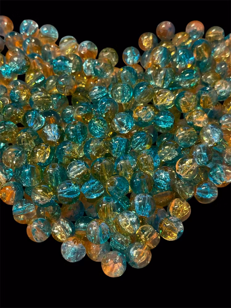 Sprucken glaspärla, 8mm, gul/turkos - 50st