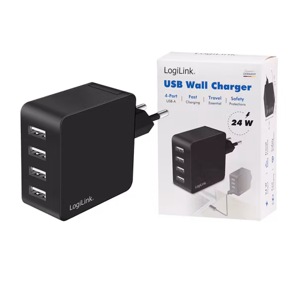 USB Vegglader 4x USB-A, 24W, svart *