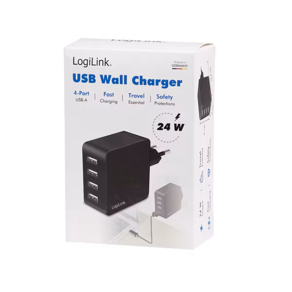 USB Vegglader 4x USB-A, 24W, svart *