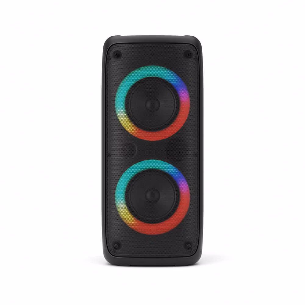 Trådløs Bluetooth-festhøyttaler med to innebygde subwoofere og LED-lyseffekter.