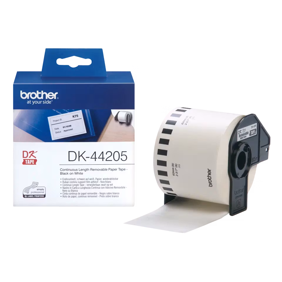 Brother original DK44205 avtagbar taperull i papir i løpende lengde - sort på hvit, 62 mm bred