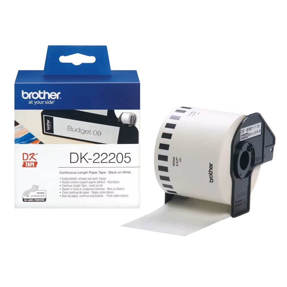 Brother original DK22205 taperull i papir i løpende lengde - sort på hvit, 62 mm bred