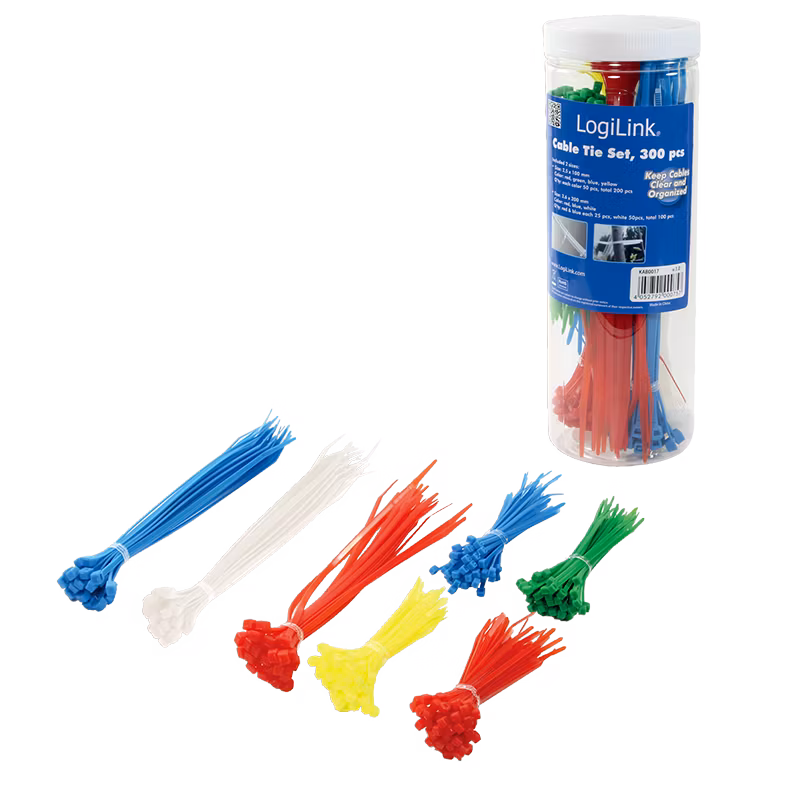 Cable tie set, PA66, 300 pcs., mixed color, different lengths KAB0017