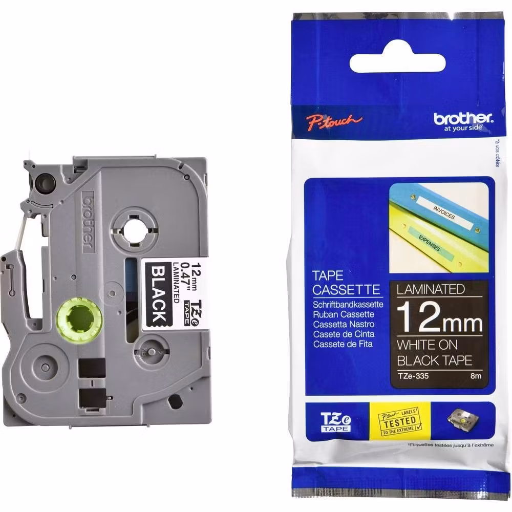 Brother orignal TZe335 original merketape - hvit på sort, 12 mm bred 8m