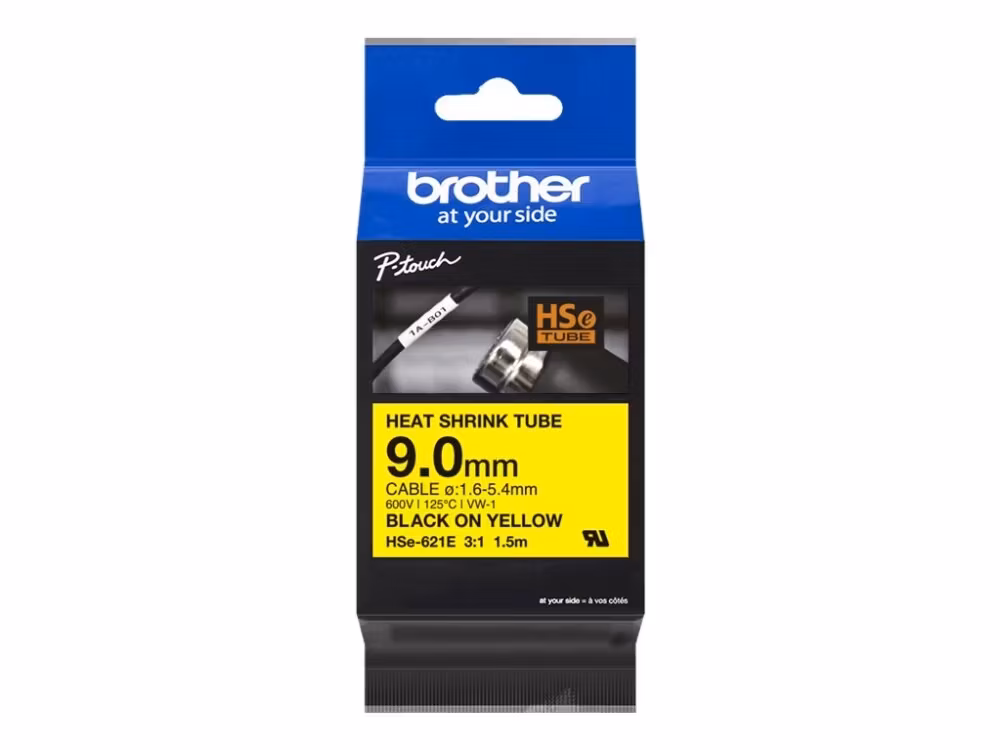 Brother HSe-621E - Svart på gul - Rull (0,9 cm x 1,5 m) 1 kassett(er) hengeboks - varmekrympetape - for P-Touch PT-D800W, PT-E300, PT-E300VP, PT-E55