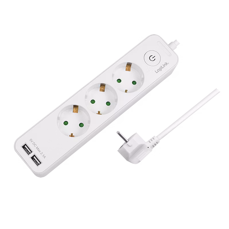 LOGILINK Grenuttak 3veis + bryter og 2x USB-A 1,5m, hvit