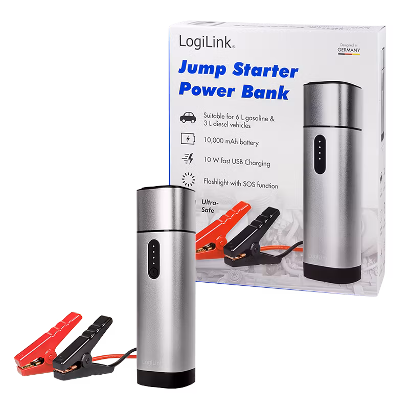 LOGILINK Powerbank 10000 mAh, 2x USB-A, car jump starter, lommelykt