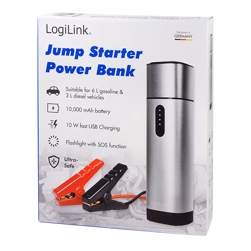 LOGILINK Powerbank 10000 mAh, 2x USB-A, car jump starter, lommelykt
