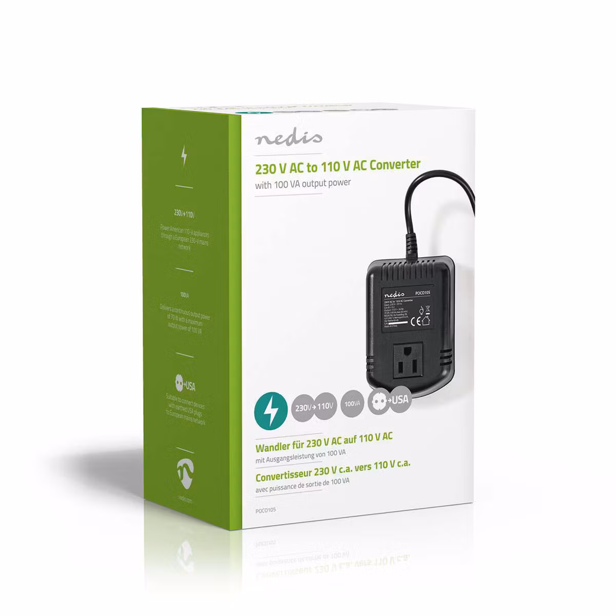 Strøm omformer / konverter 230VAC til 110VAC | 100 W | Jordet kontakt | Sort