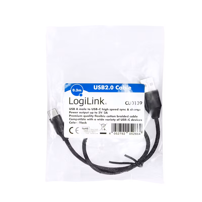 LOGILINK USB 2.0 USB-C kabel, C/M til USB-A/M, stoff, svart, 0,3 m