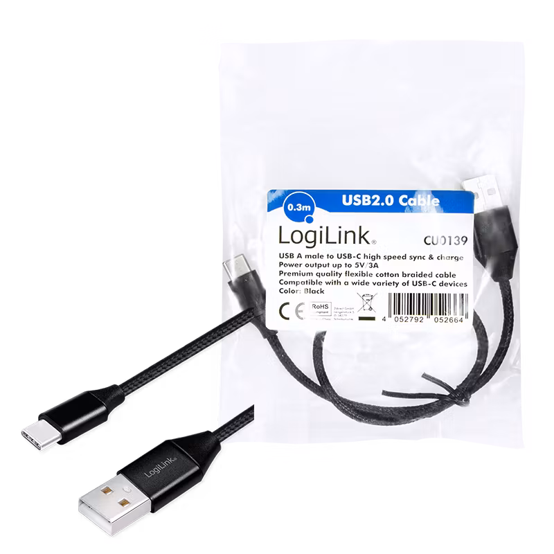 LOGILINK USB 2.0 USB-C kabel, C/M til USB-A/M, stoff, svart, 0,3 m