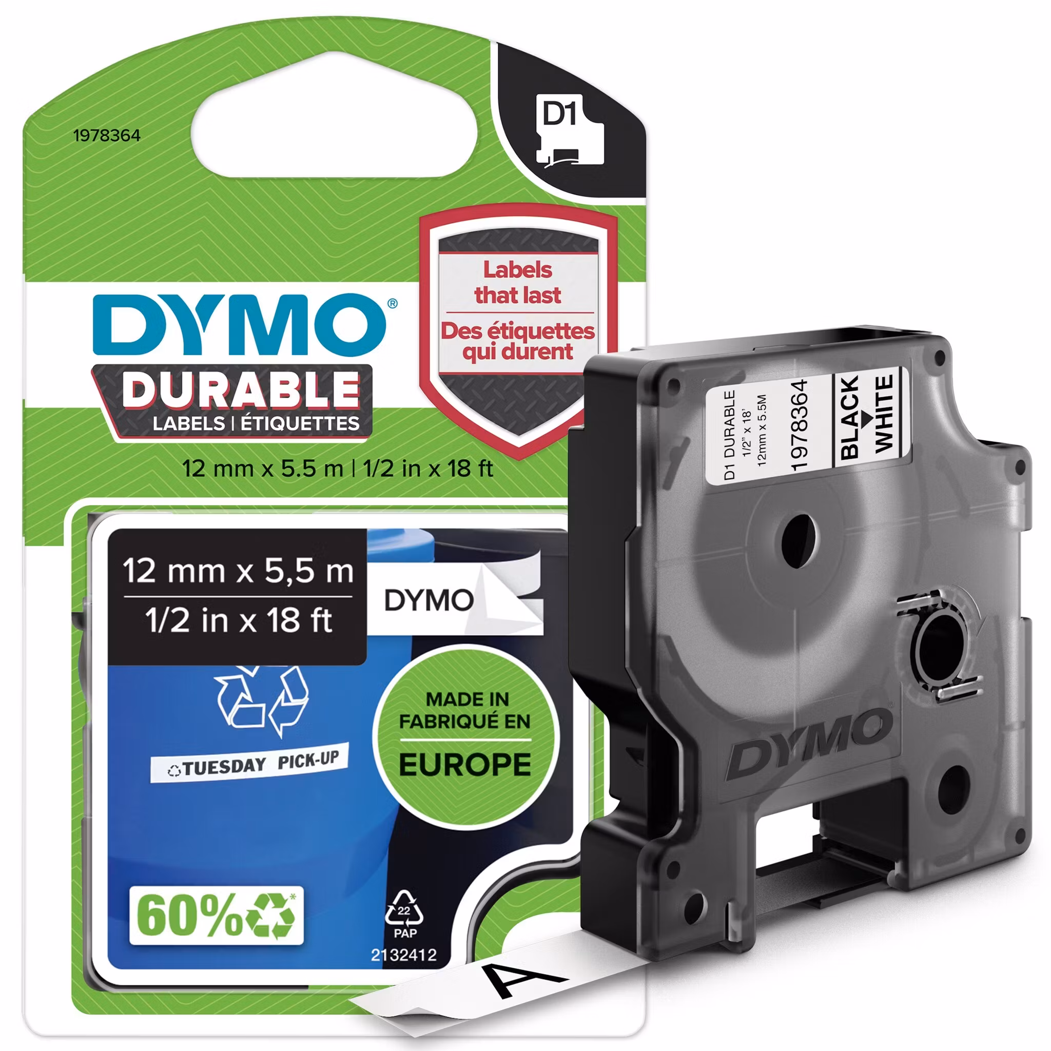 Dymo Teip D1 Ekstra sterk 12mm x 5,5m sort/hvit 1978364