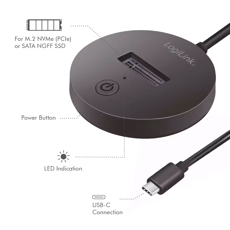 LOGILINK USB 3.2 Gen 2 Quickport, 1-port for M.2 NVMe (PCIe) og SATA (NGFF) SSD-er