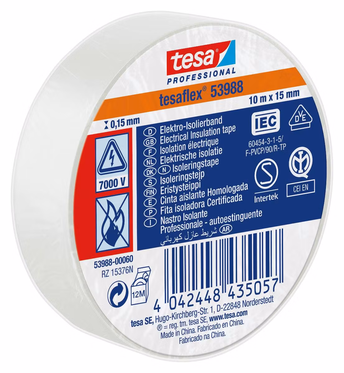 TESA Elektrotape 15mm x 10m hvit