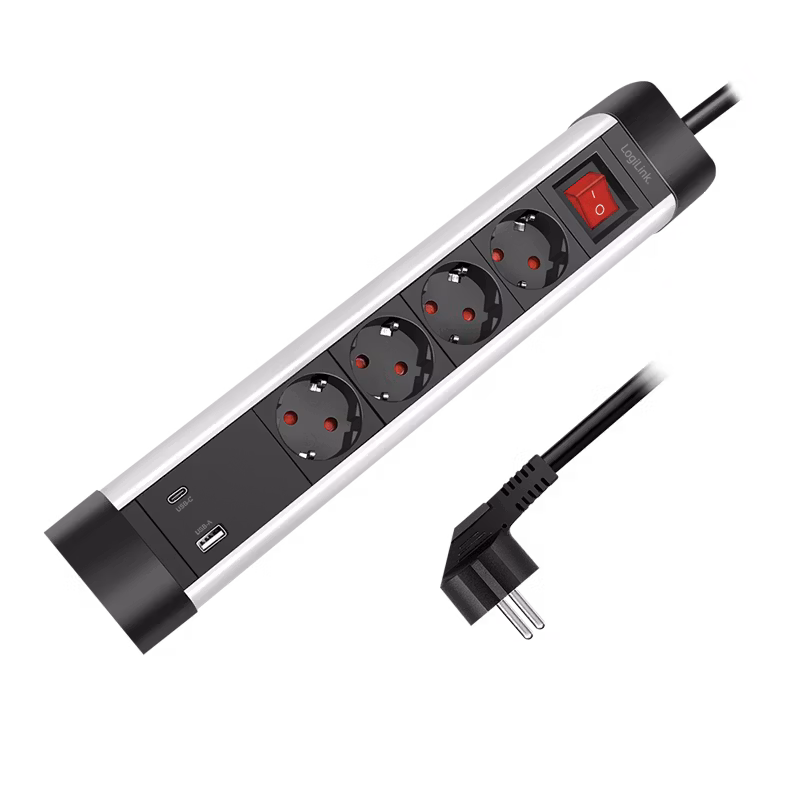 LOGILINK 4-veis strømskinne + bryter, 4x CEE 7/3, 1x USB-A, 1x USB-C