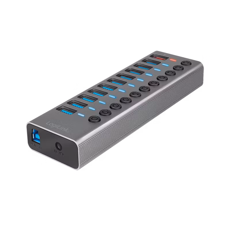 Logilink USB 3.2 Gen1-hub, 10 porter + 1x hurtigladeport, av/på-bryter