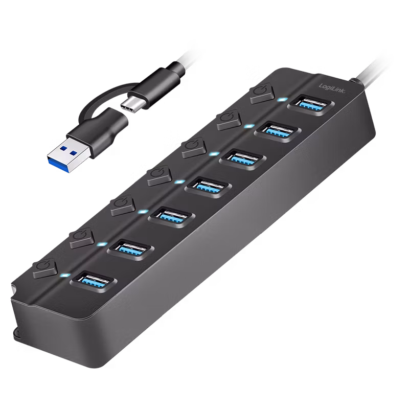 LOGILINK USB 3.2 Gen1 Hub, 7 porter, på/av-bryter, svart