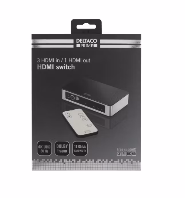 Deltaco HDMI-Switch, 3-ports Ultra-HD, svart