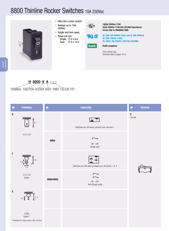 Vippebryter, 15 A, 1NO, 250V, PÅ-AV, IP66, Svart H8800VAAAB
