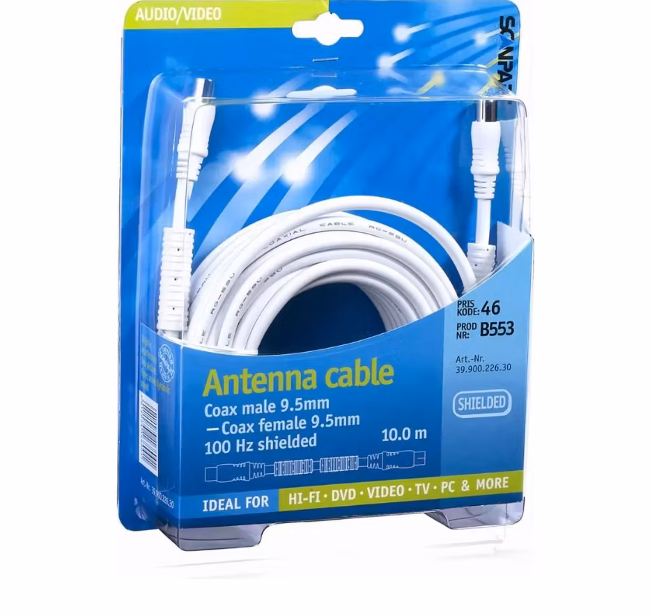 Antennekabel 10m coax - coax han - hun 100Hz shielded