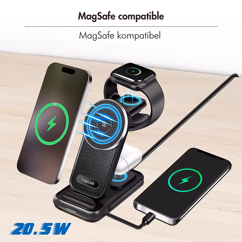 LOGILINK 4-i-1 ladestasjon, Apple MagSafe-kompatibel, maks. 20,5 W, svart