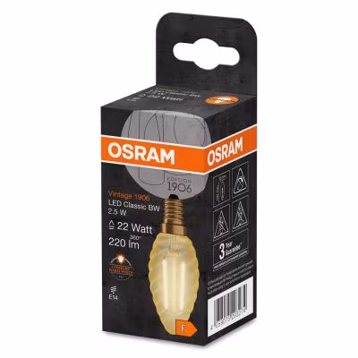 Osram Vintage 1906 LED E14 vridd Mignon filament gull / 2.5W 220lm - 824 ekstra varm hvit