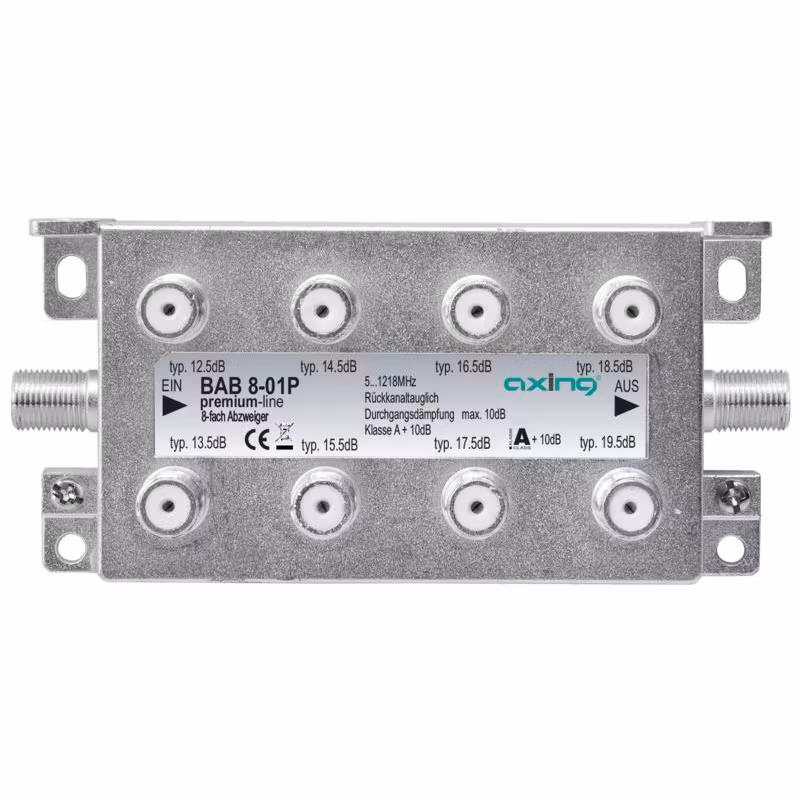 Antennefordeler, 8 uttak, 12,5-19,5DB, 5-1218MHZ, F-Kontakt Hunn BAB8-01P