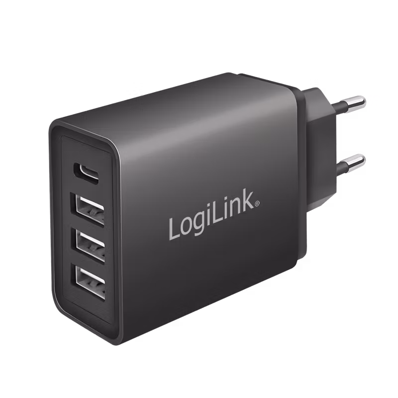 4-Port USB Hurtiglader, 1x USB-C, 3x USB-A, 27 W, Svart