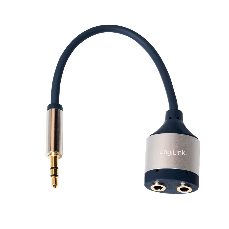 Lydkabel, 3.5 mm 3-Pin/M til 2x 3.5 mm/F, metall, svart/blå, 0.18 m