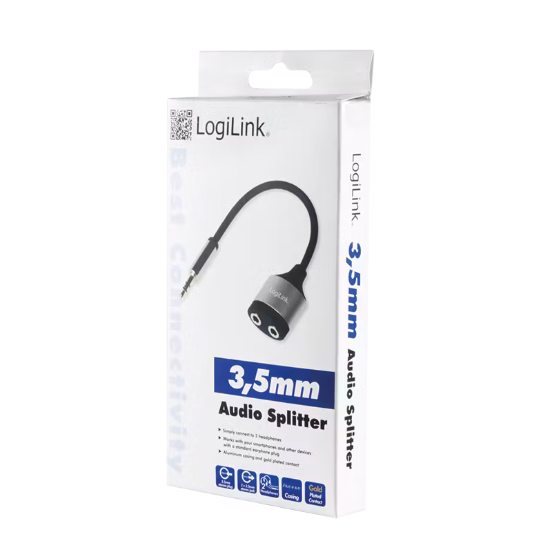 Lydkabel, 3.5 mm 3-Pin/M til 2x 3.5 mm/F, metall, svart/blå, 0.18 m