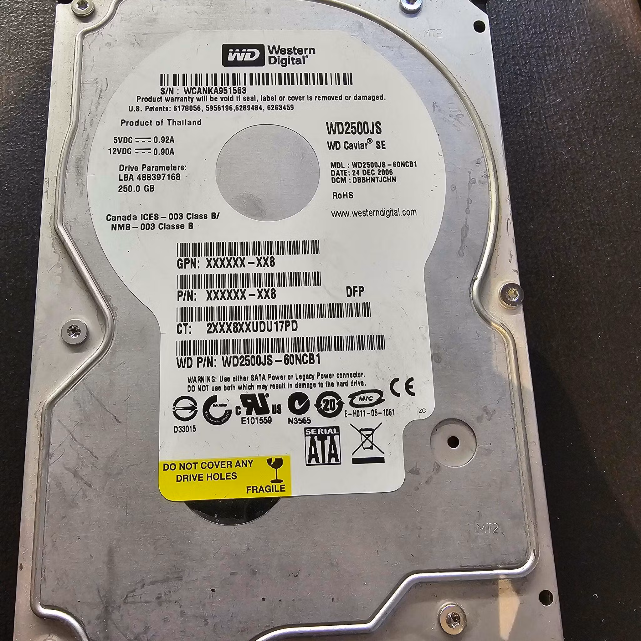 Defekt donordisk for reparasjoner - WD2500JS-60NCB1