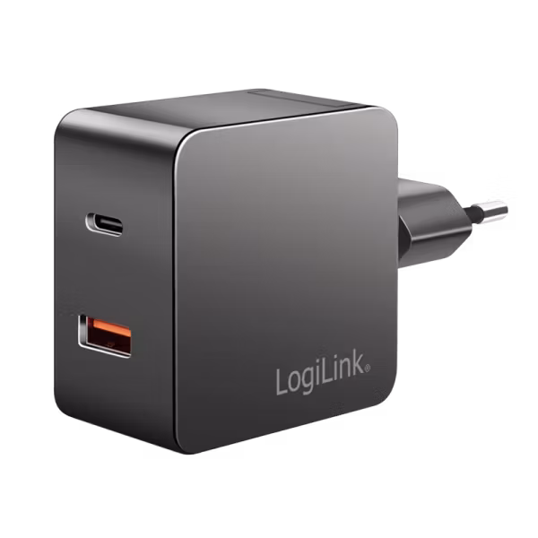 Dobbel USB-ladeadapter, 45 W, GaN, 1x USB-A, 1x USB-C, svart
