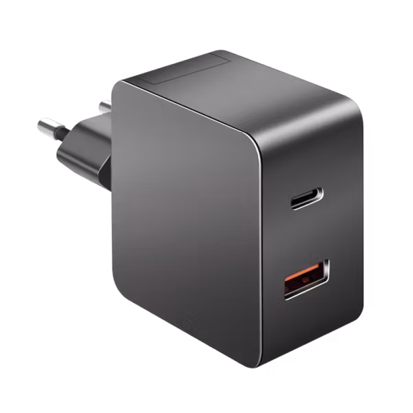 Dobbel USB-ladeadapter, 45 W, GaN, 1x USB-A, 1x USB-C, svart