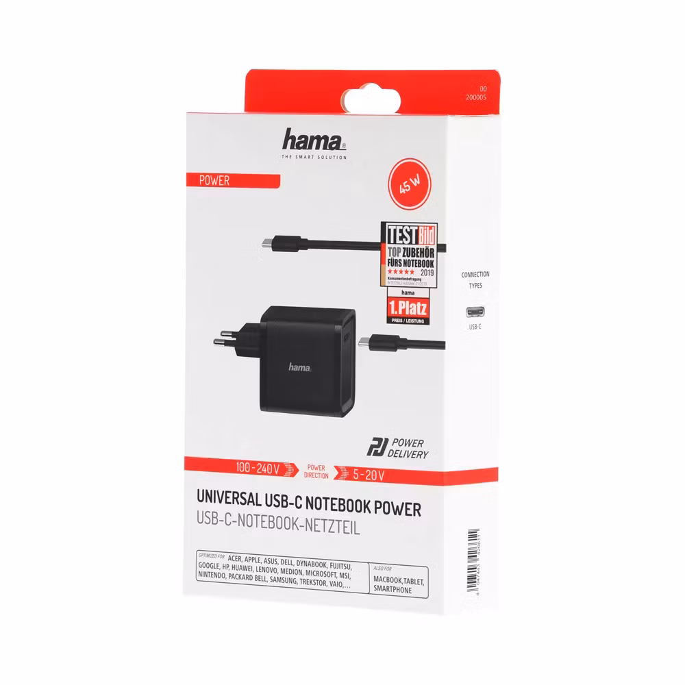 HAMA Strømforsyning Notebook USB-C 100-240V 5-20V/45W