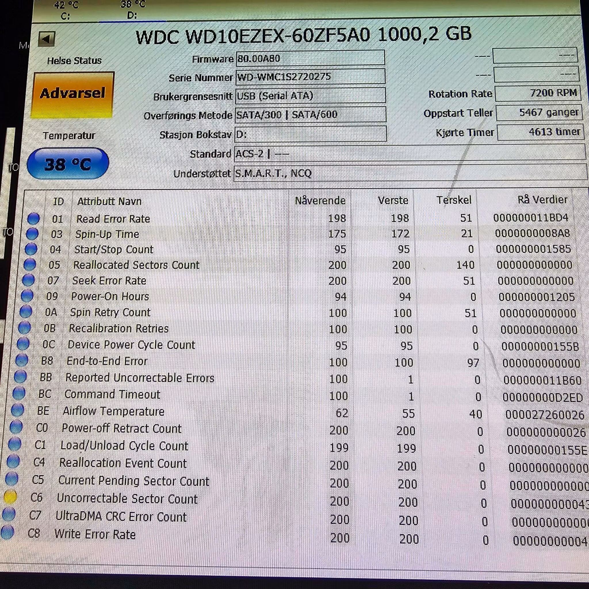 Defekt donordisk for reparasjoner - WD 1TB SATA DISK 64MB cache WD10EZEX