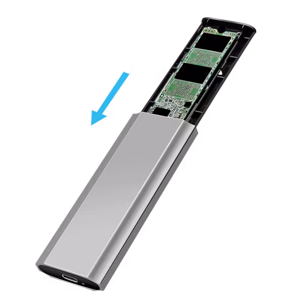 Hard drive enclosure, M.2 NVMe (PCIe) SSDs, USB 3.2, Gen 2, up to 10 Gbit/s, USB-A+C, silver