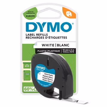 Dymo Teip LetraTag Plastikk 12mmx4m hvit