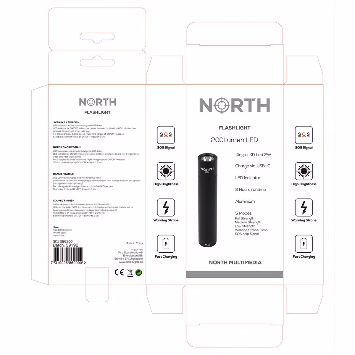 NORTH Lommelykt 200 Lumen Svart Aluminium 2W